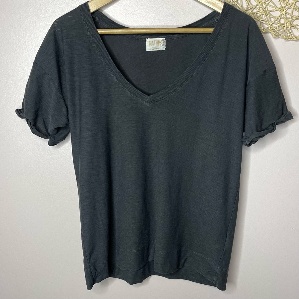NATION LTD Deep V Neck Rolled Short Sleeve Tee (faded black) - small